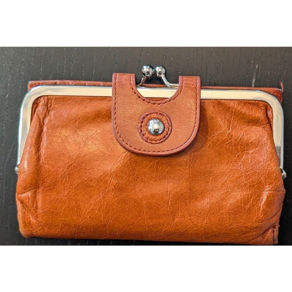 HOBO Alice Leather Frame Clutch Wallet Cognac Floral Kiss Lock